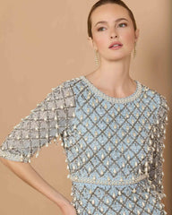 Blue Pearl Embellished 3/4 Sleeve Gown