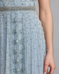 Blue Short Sleeve Scoop Neck Embellished Gown