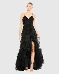 Black Embellished Floral High Low Sleeveless Gown