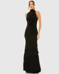 Black Halter Neck Jersey Gown With Feather Trim
