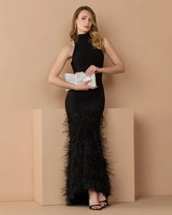 Black Halter Neck Jersey Gown With Feather Trim