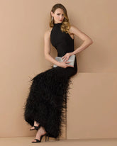 Black Halter Neck Jersey Gown With Feather Trim