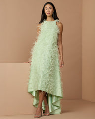 Green Sleeveless Feather Embellished High Low Gown
