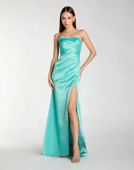 Blue Strapless Satin Gown With Slit