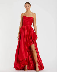 Red Strapless Ruched High Low Gown