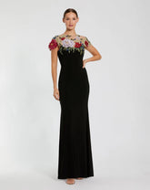 Black Floral Embellished Jersey Column Gown