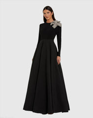Black Long Sleeve Taffeta Ball Gown With 3D Rhinestone Flower