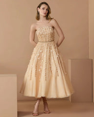 Beige Floral Embellished Strapless A-Line Midi Dress