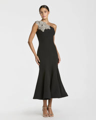 Black Crepe One Shoulder Midi Dress With Flower