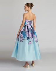 Blue Floral Embroidered Strapless Organza Midi Dress