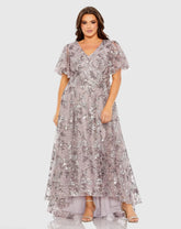 Purple V Neck Flutter Sleeve A Line Embellished Gown (Plus)