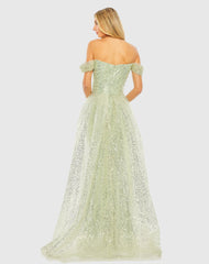 Green Off the Shoulder Sequin Panel Train Gown - FINAL SALE