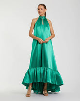 Green Sleeveless Halter Neck Keyhole Satin High Low Gown