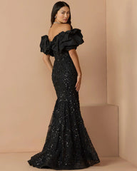 Black Embellished Mermaid Gown With Off The Shoulder Ruffle