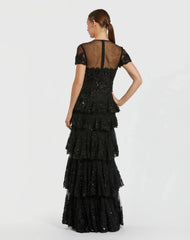 Black Embellished High Neck Gown With Tiered Ruffle Skirt