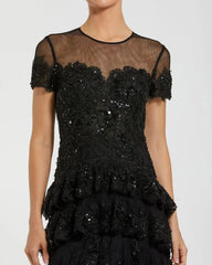 Black Embellished High Neck Gown With Tiered Ruffle Skirt