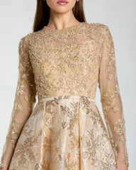 Gold Embellished Long Sleeve Brocade Ball Gown