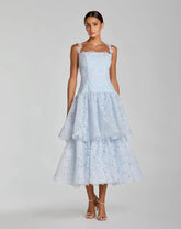 Blue Sleeveless Embroidered Lace Tiered Midi Dress