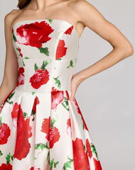White Strapless Floral Printed A Line Midi Dress