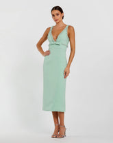 Green Crepe Fitted Midi Dress With Bow And Beaded Trim