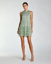 Green Striped Sequin Tiered Ruffle Mini Dress