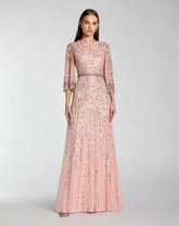 Pink High Neck Embellished Gown With 3/4 Sleeves