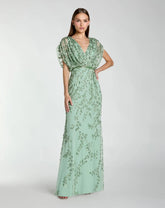 Green Beaded V-Neck Short Sleeve Blouson Gown