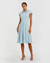 Blue Crepe Short Sleeve Midi Dress With Beading