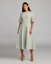 Green Crepe A Line Midi Dress With Beaded Sleeves