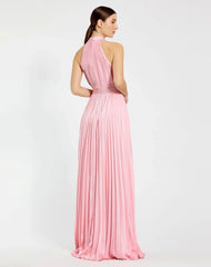 Pink Sleeveless Halter Neck Pleated Satin Gown