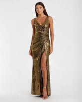 Gold Metallic Ruched Front Slip V-Neck Gown