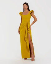 Yellow Square Neck Column Gown With Ruffle Detail