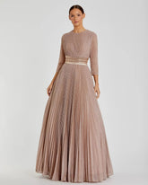Pink Shimmering Pleated 3/4 Sleeve Ball Gown