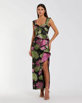 Black Sleeveless Floral Maxi Dress With Ruffle Detail