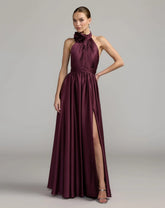 Purple Halter Neck Open Back Satin Gown With Slit