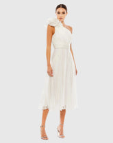 White Rosette One Shoulder Tea Length Dress