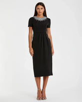Black Short Sleeve Rhinestone Neckline Midi Dress