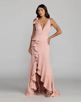 Pink Sleeveless Ruffled V-Neck Gown With Bow