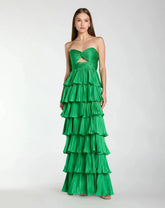 Dark Green Pleated Charmeuse Strapless Tiered Ruffle Gown