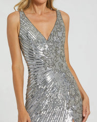 Silver Beaded Floral Sleeveless Gown