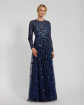 Navy Embellished High Neck Long Sleeve A Line Gown