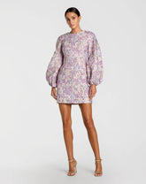 Brocade Balloon Sleeve Fitted Mini Dress