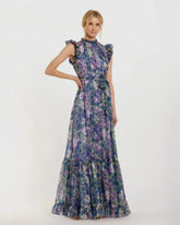 Purple Floral Chiffon Cap Sleeve Gown