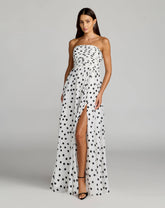 White Polka Dot Strapless Viscose Gown With Slit