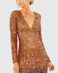 Orange V Neck Long Sleeve Sequin Dress with Fringe Detail