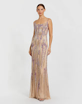 Beige Spaghetti Strap Beaded Column Gown