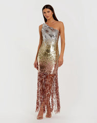 Multicolor Metallic Sequin One Shoulder Fringe Dress