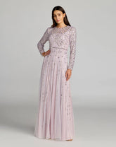 Purple Hand Embellished Long Sleeve A-Line Gown