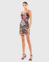 Black Floral Embroidered Lace-Up Mini Dress