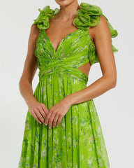 Green Ruffle Tiered Floral Cut-Out Chiffon Gown